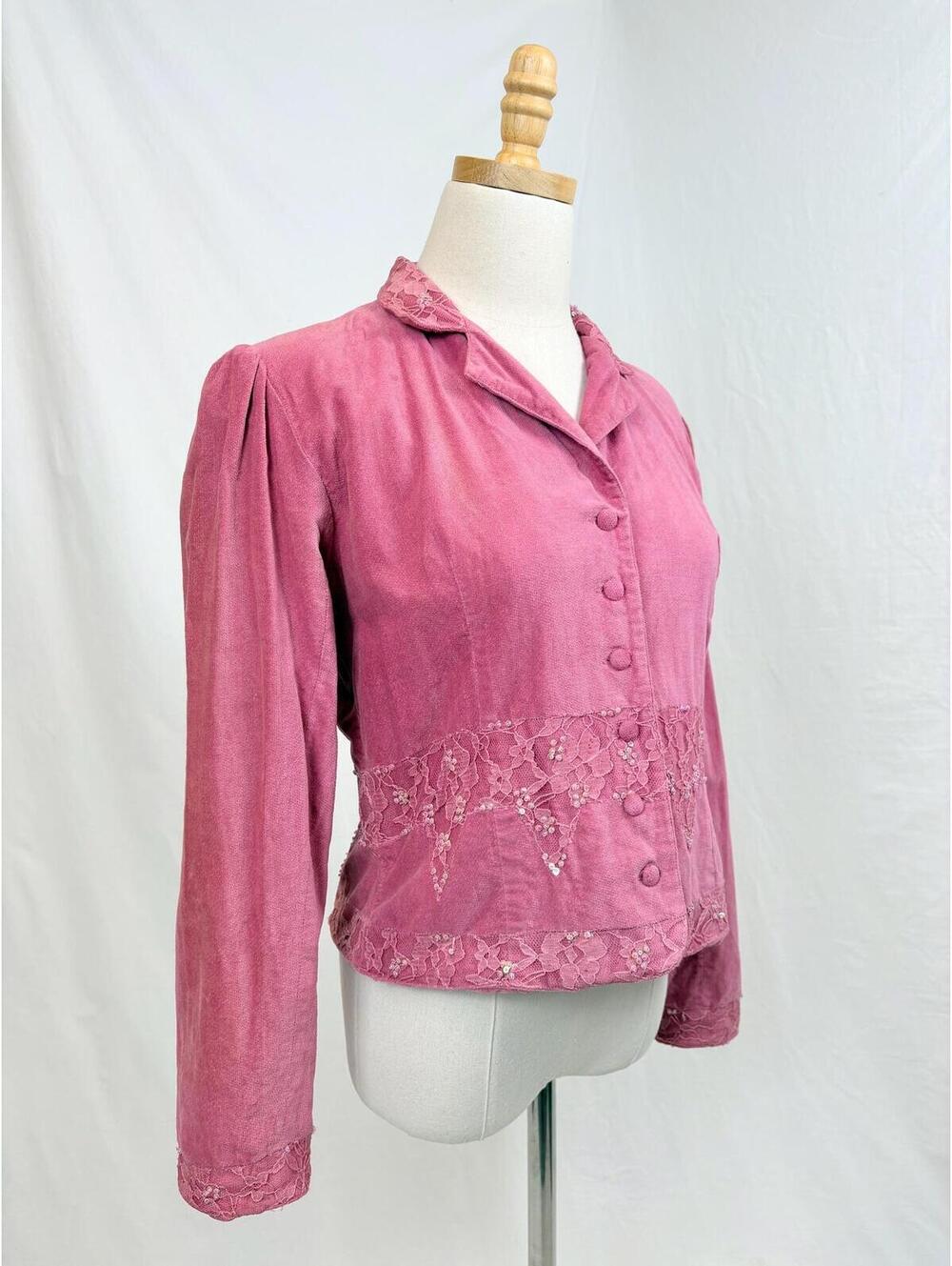 Vintage Sequin and Lace Embellished Pink Cotton Velveteen Blazer Women's Small 6